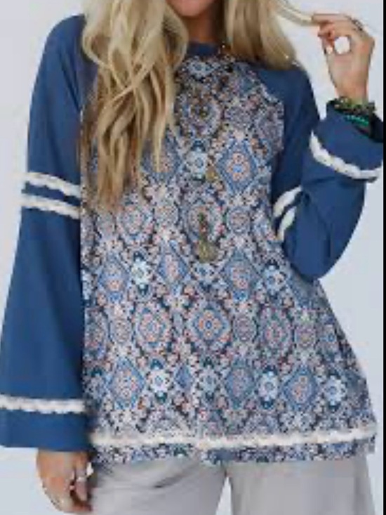 POL Tops - Blue paisley Patterned Boho Long Sleeve Top by POL